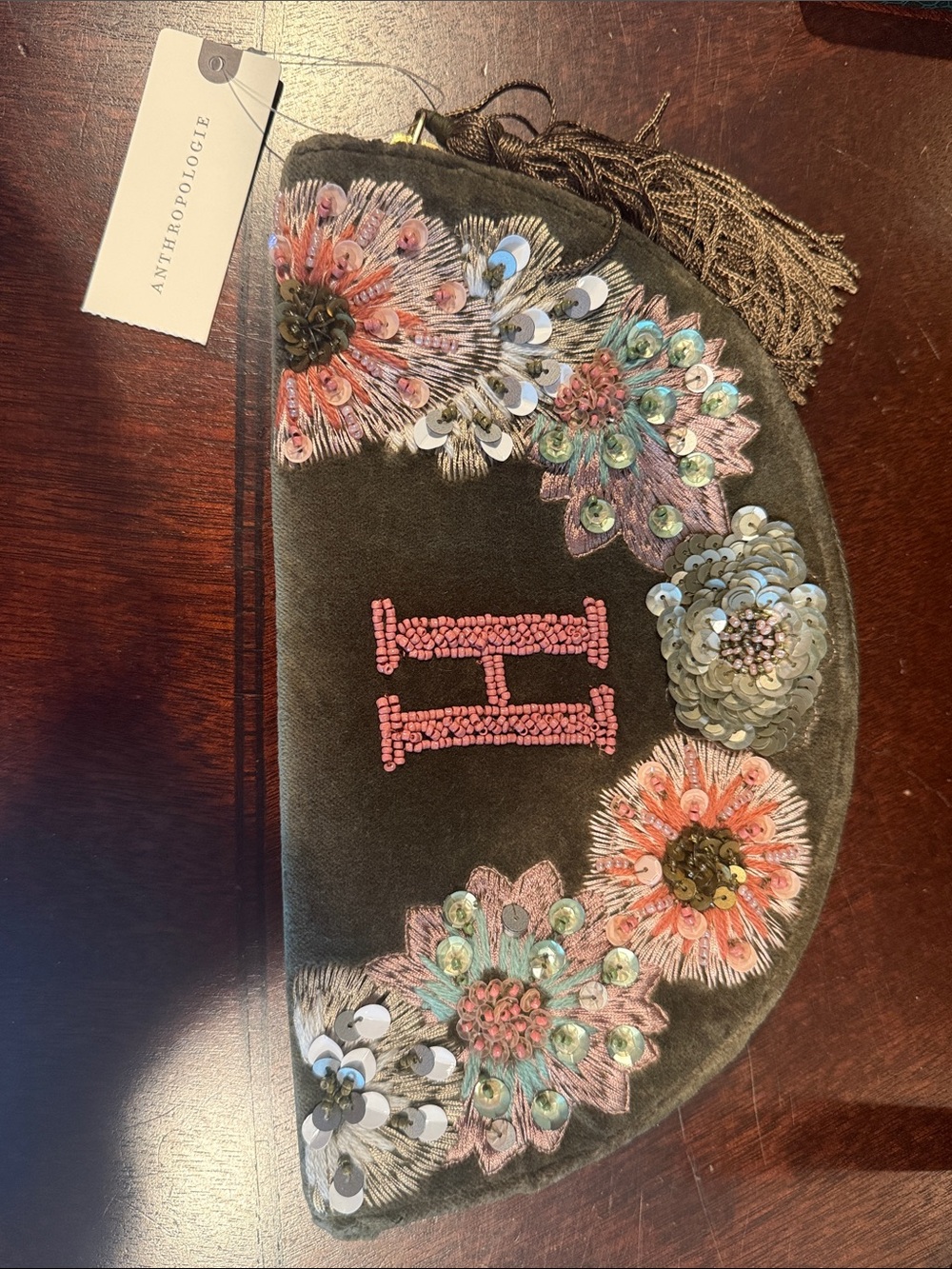 Anthropologie Olive Velvet Beaded Floral Wristlet with Tassel